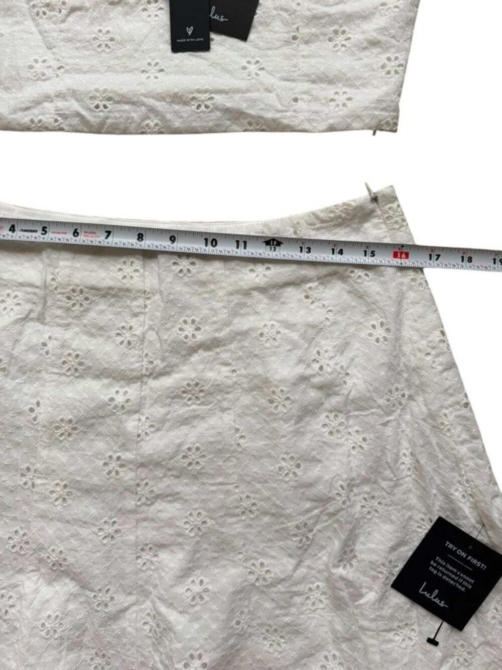 Lulus Eyelet Cotton 2 Piece Set Womens L White Crop Top Mini Skirt NWT Summer - Picture 7 of 9